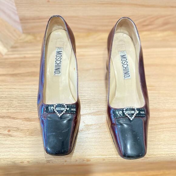 VTG Moschino Patent Leather Color Block  37.5uk/8us Burgundy and Black Italy - Picture 4 of 14